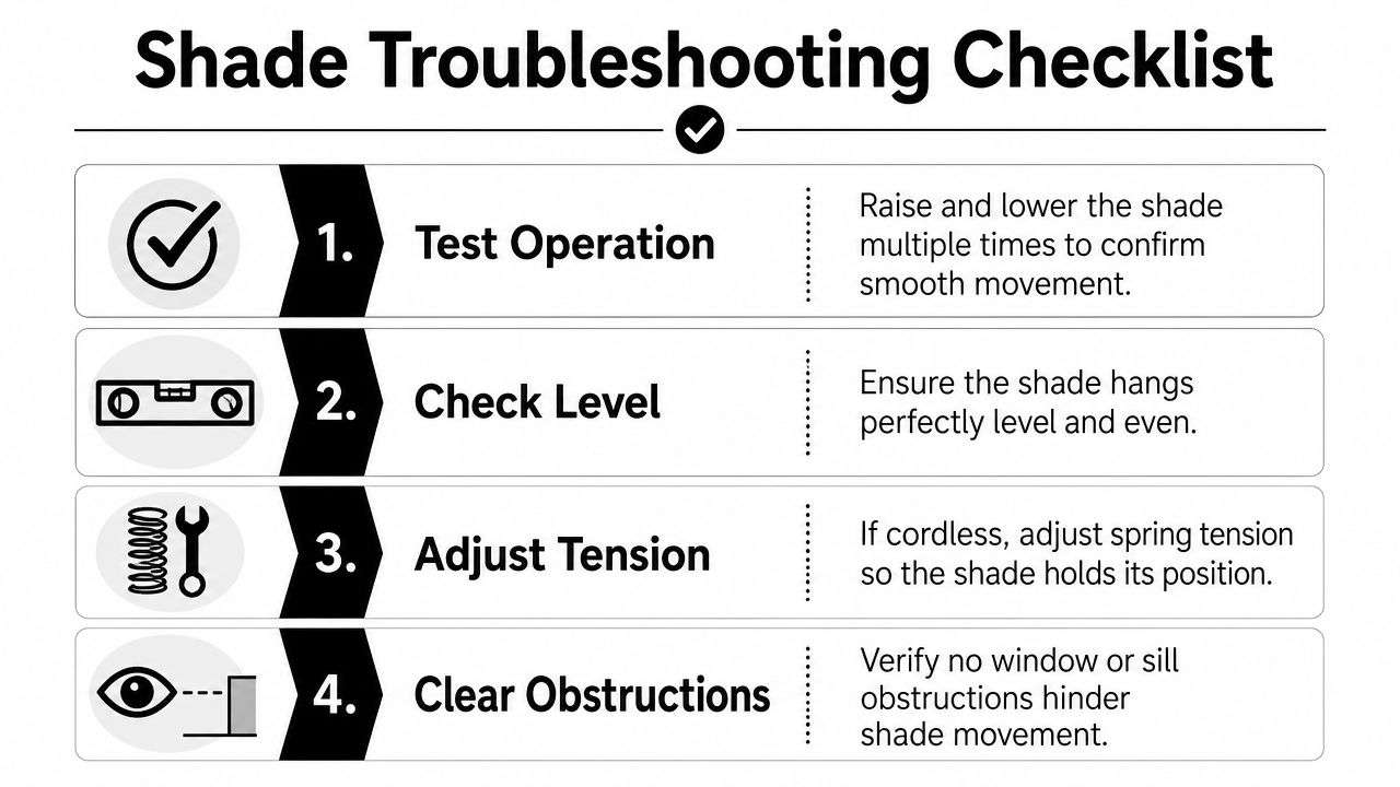 A four-step shade troubleshooting checklist with icons explaining how to ensure shades operate and hang correctly.