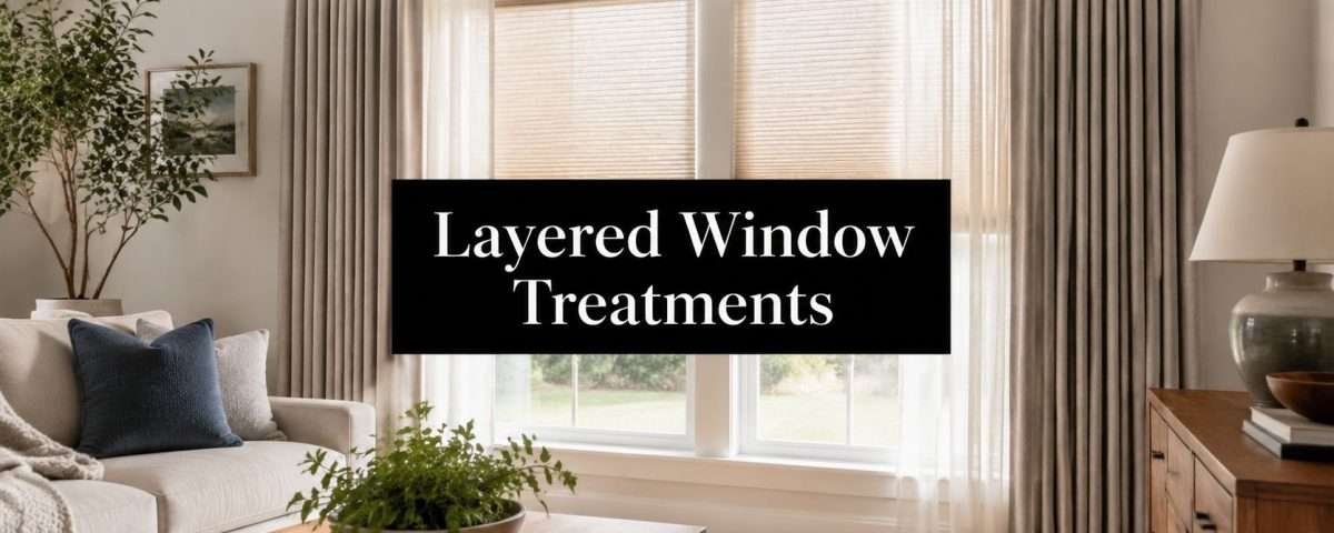 Living room with layered sheer and drapery window treatments; black banner reads 'Layered Window Treatments' across the windows.