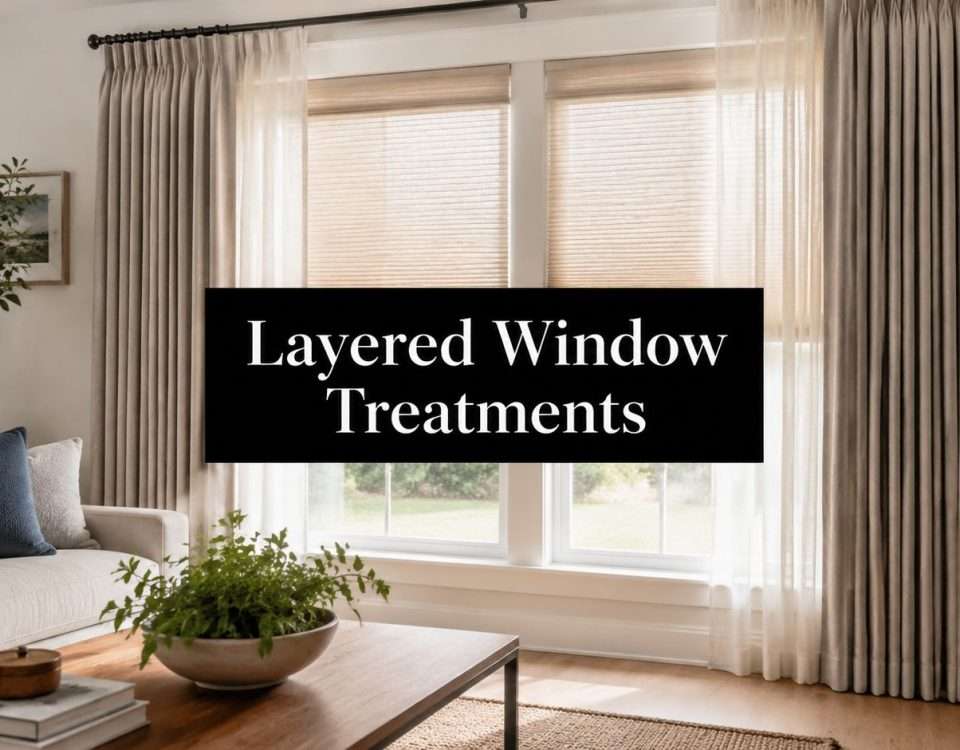 Living room with layered sheer and drapery window treatments; black banner reads 'Layered Window Treatments' across the windows.
