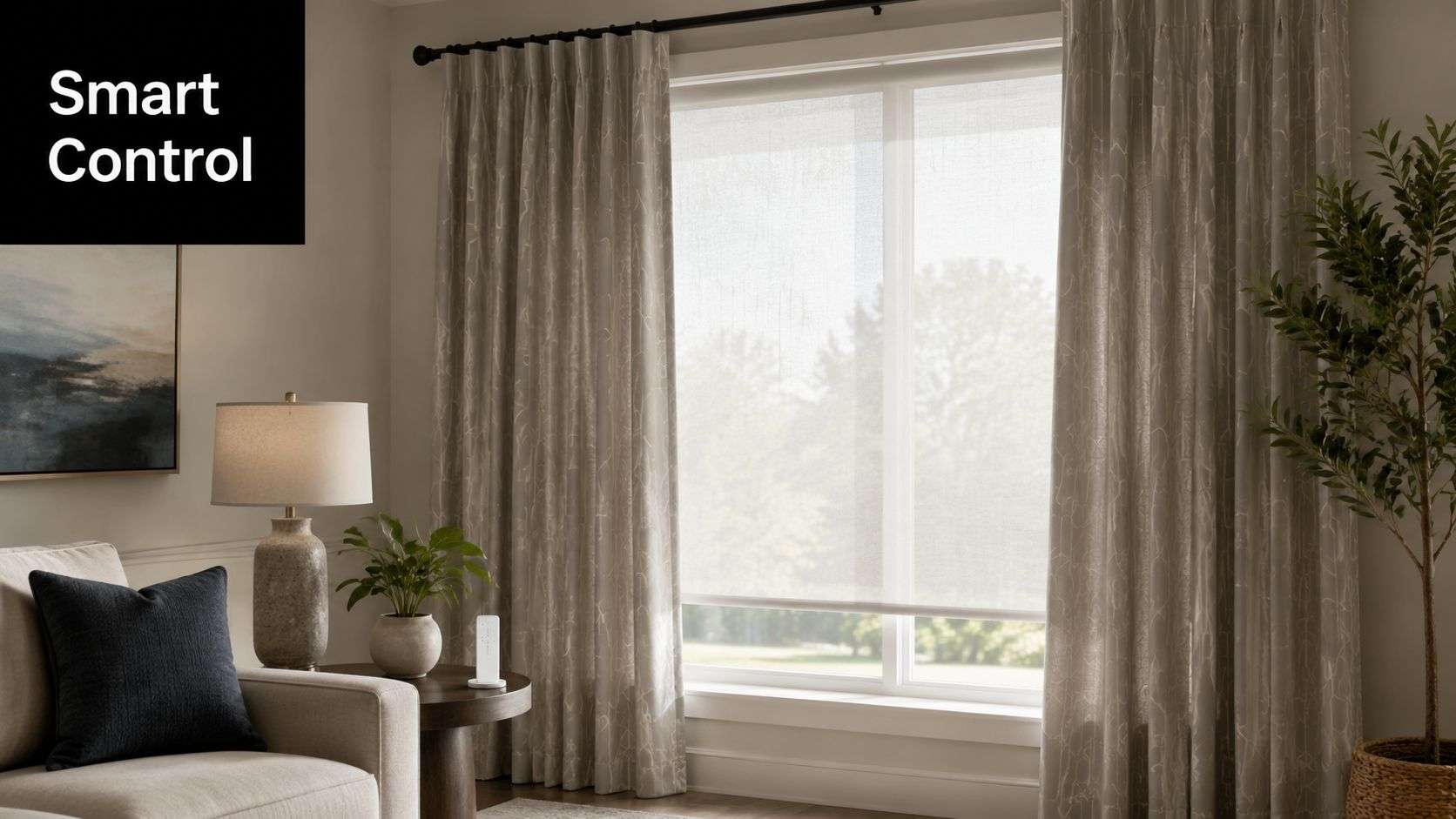 A modern living room with layered window treatments featuring sheer roller shades and elegant floor-length patterned curtains.