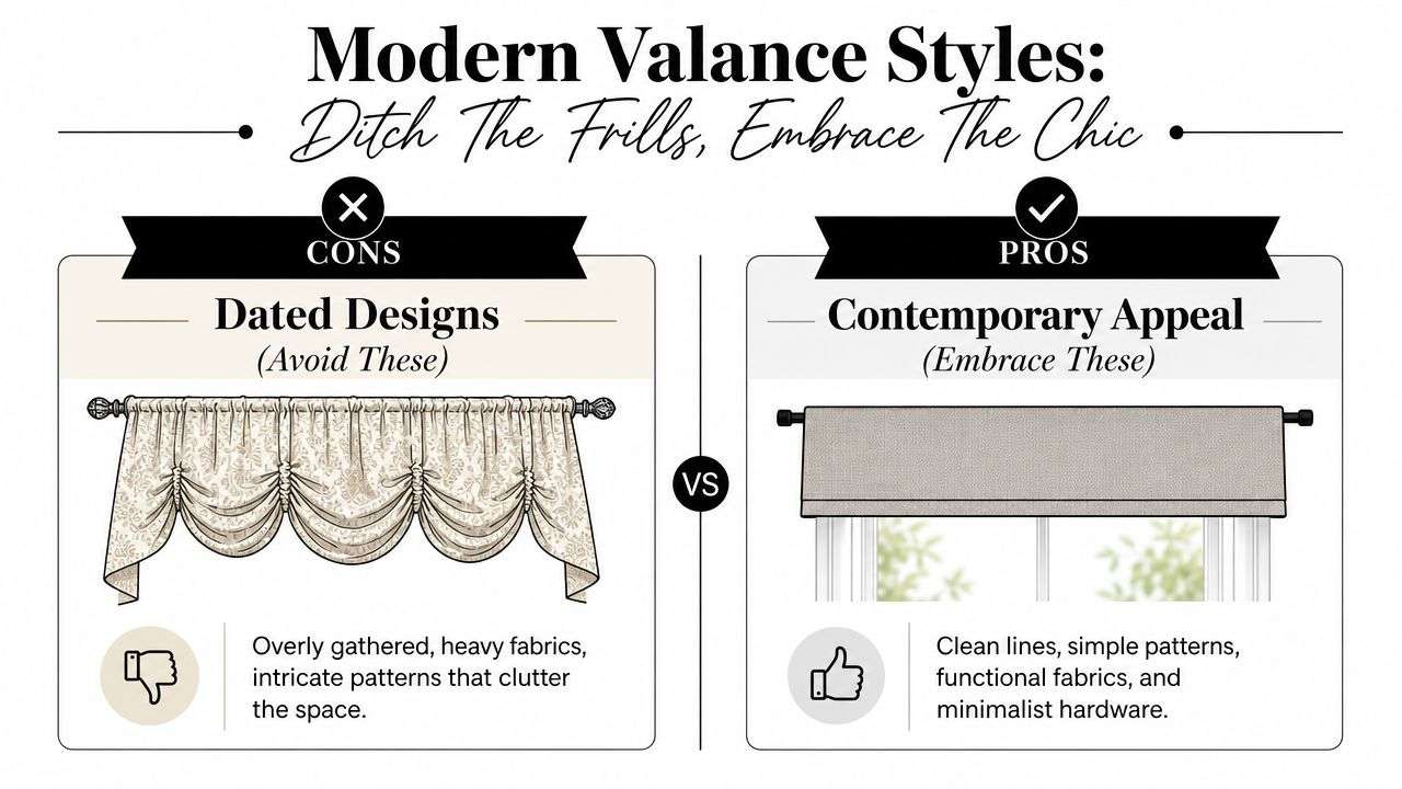 A comparison infographic showing dated, ruffled window valance designs versus modern, clean-lined contemporary window valances.
