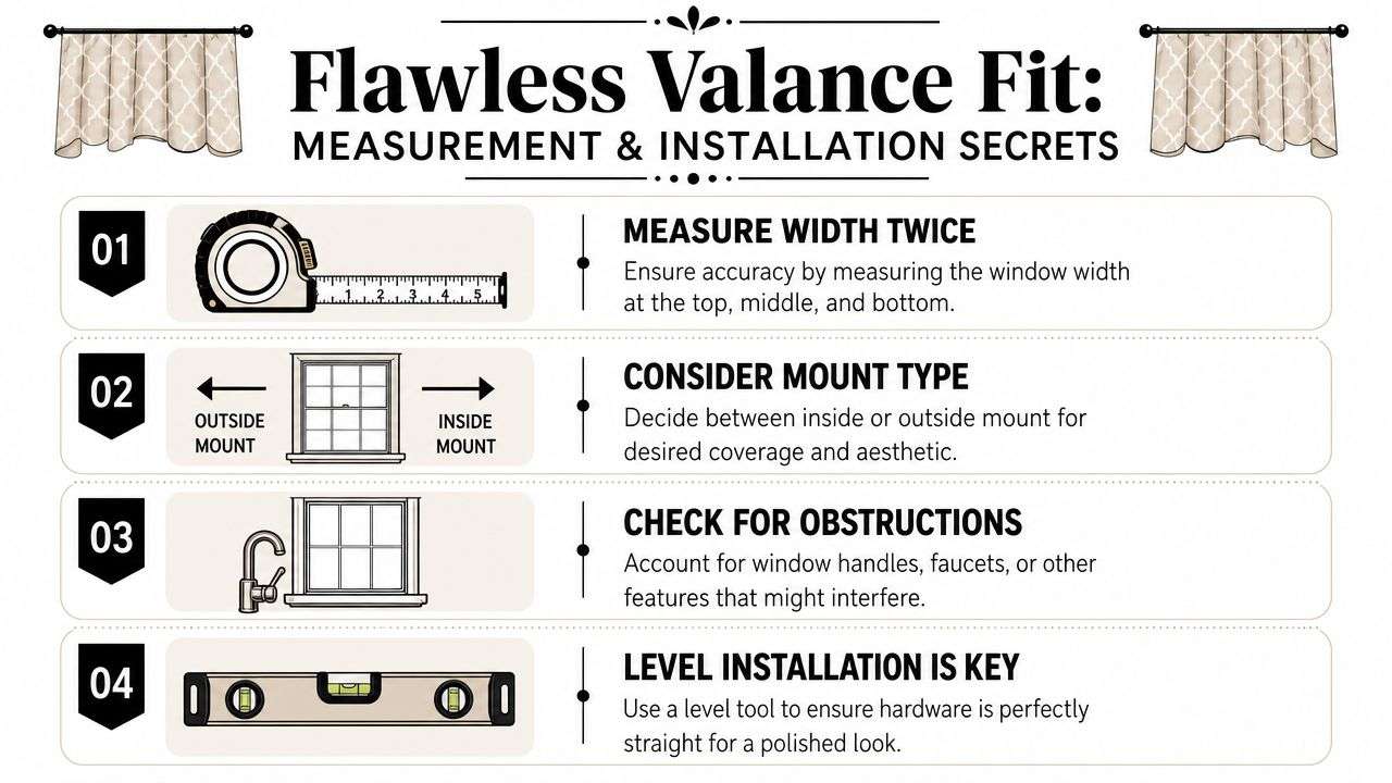 An infographic detailing four essential steps for measuring and installing window valances for a flawless fit.