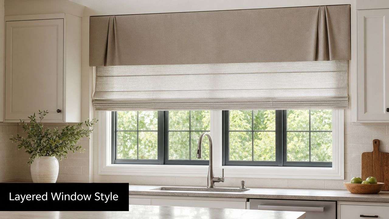A bright kitchen window featuring a tailored fabric valance layered over a natural textured Roman shade.