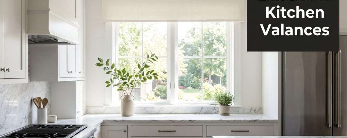 Bright white kitchen with marble countertops and a bold black sign reading 'Luxurious Kitchen Valances' in the upper right.