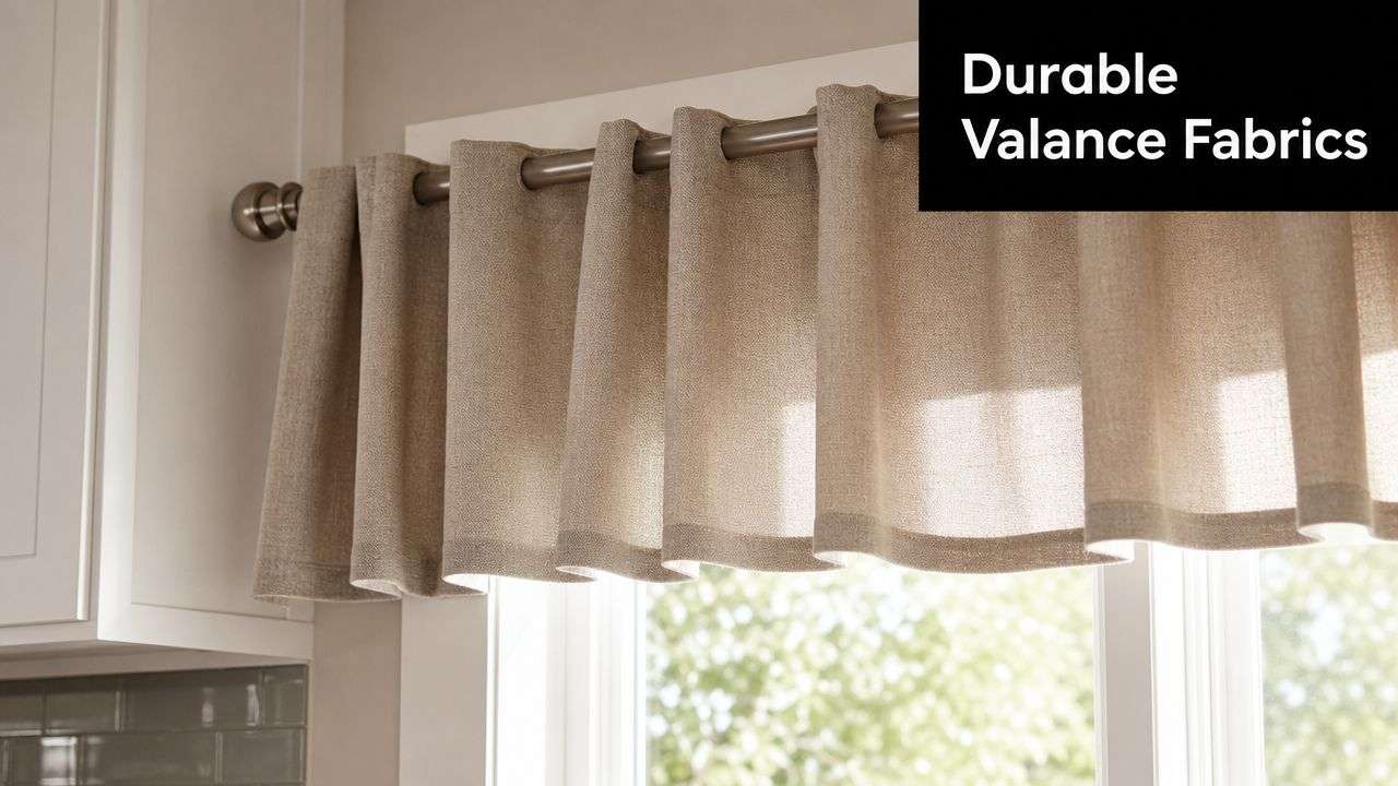 A tan, textured valance hanging from a metal rod over a kitchen window in a bright room.
