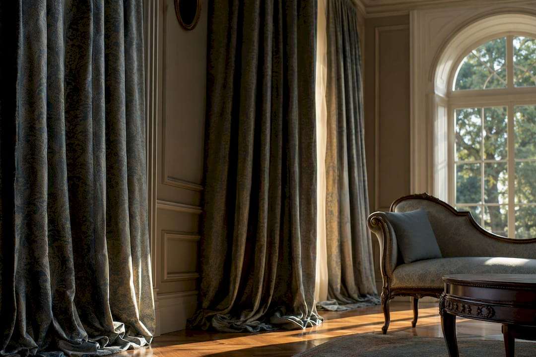 Formal living room with puddled curtains