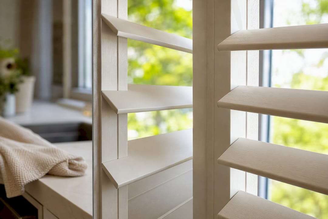 Close-up of composite and hardwood shutter louvers