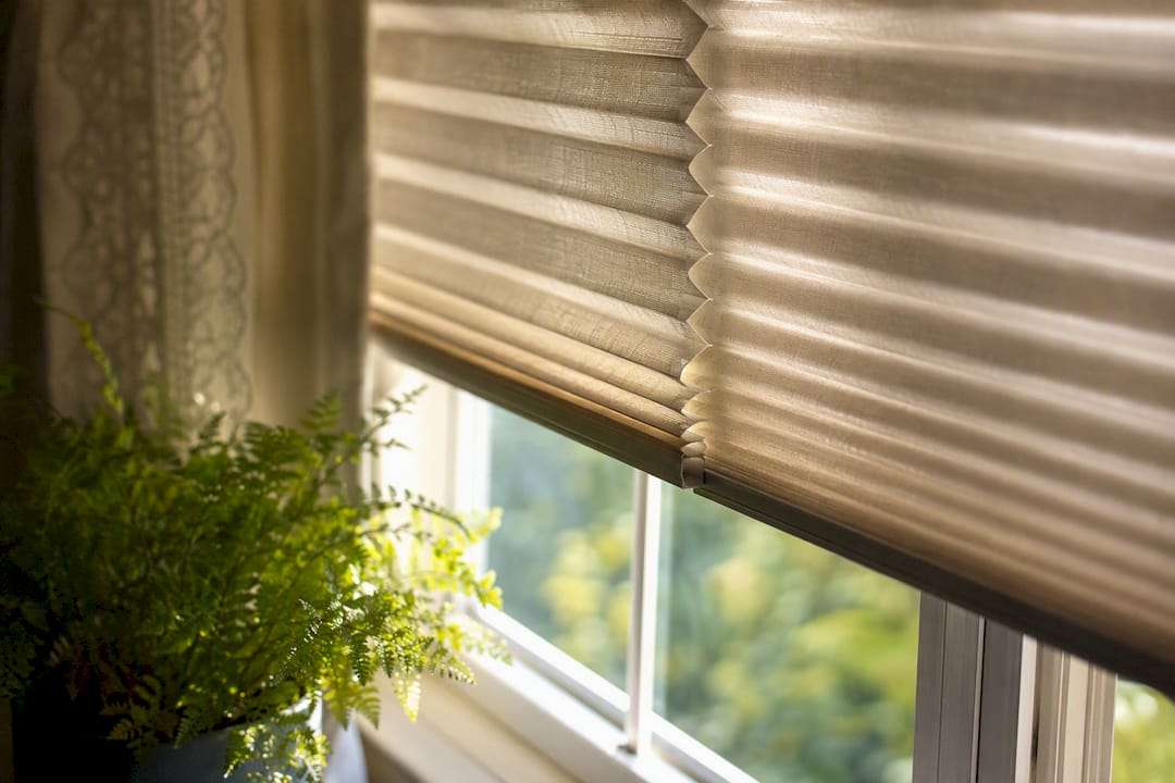 Honeycomb cellular shade backlit by sunlight