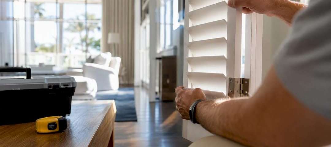 Hands installing plantation shutter panel