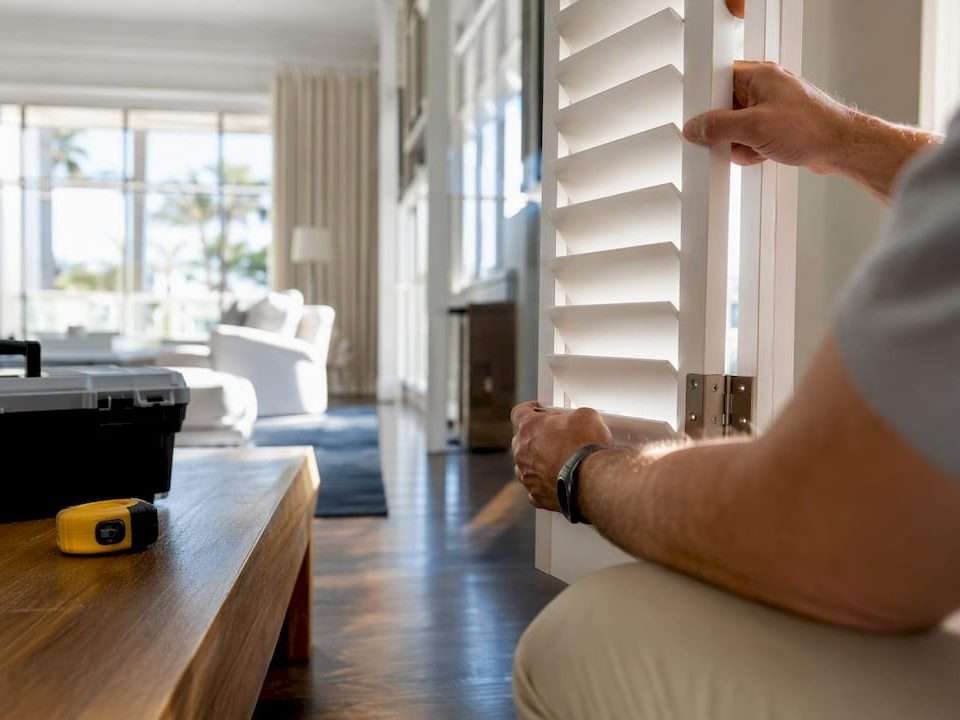 Hands installing plantation shutter panel