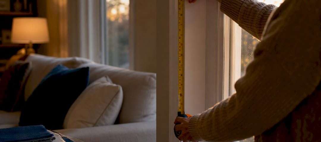 Hands measuring window frame for valance height