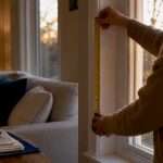 Hands measuring window frame for valance height