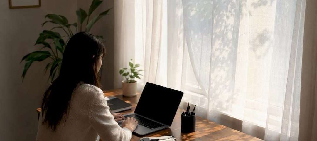 Sunlit sheer curtains softly glowing at window