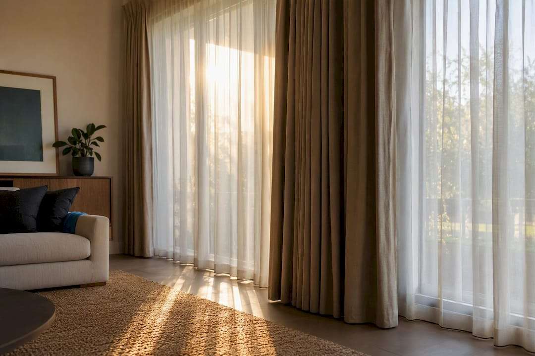 Layered sheers and opaque drapes in living space
