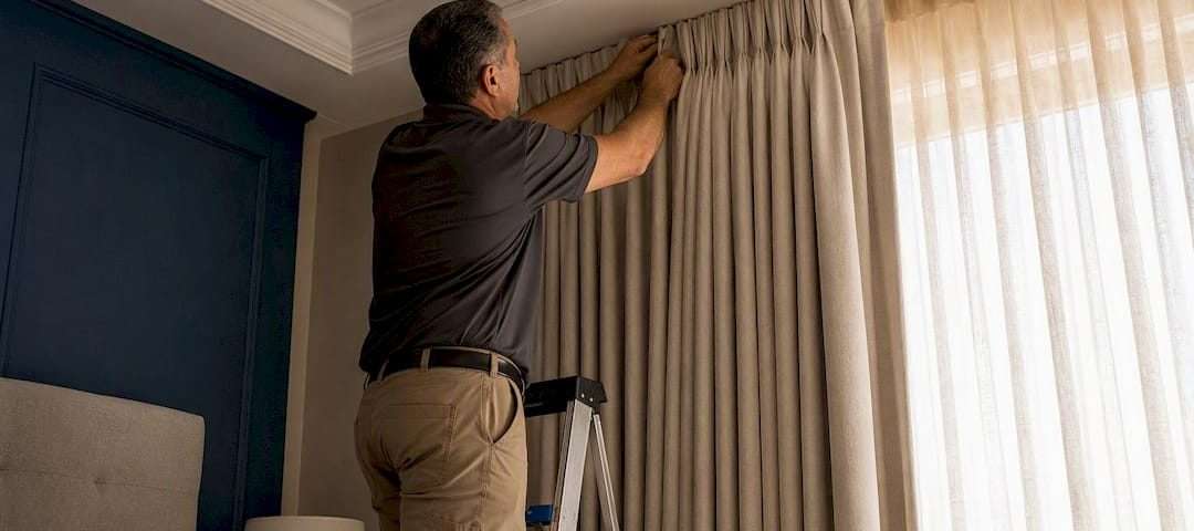 Installer attaching custom pleated drapery header