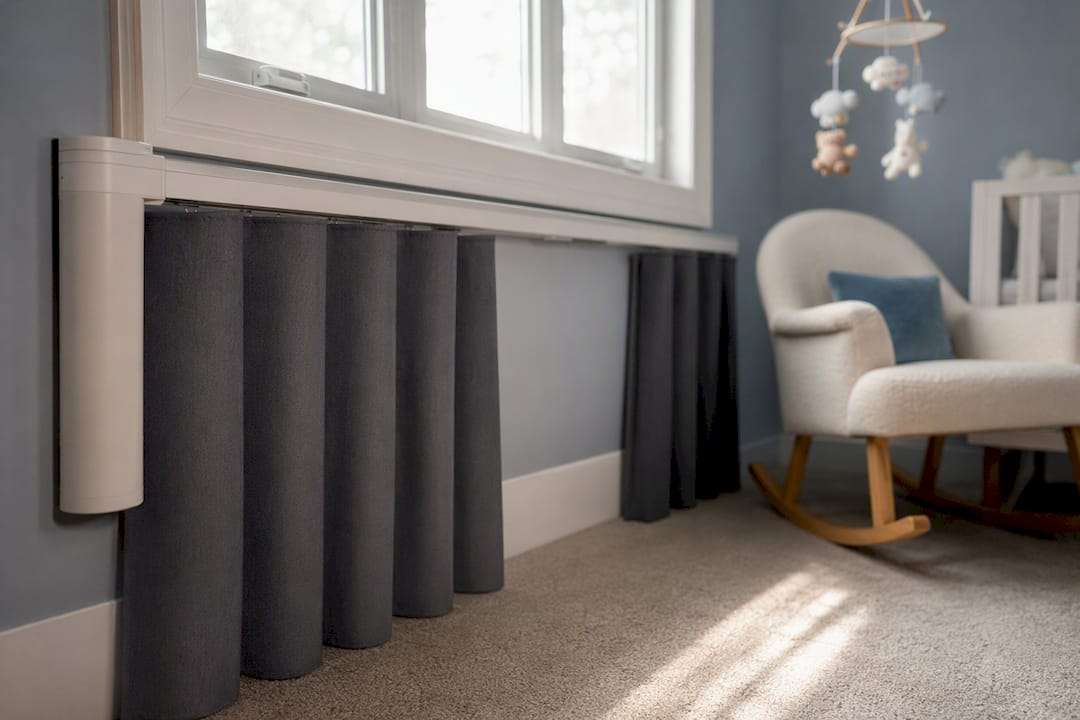 Motorized track and cordless blackout curtains in nursery