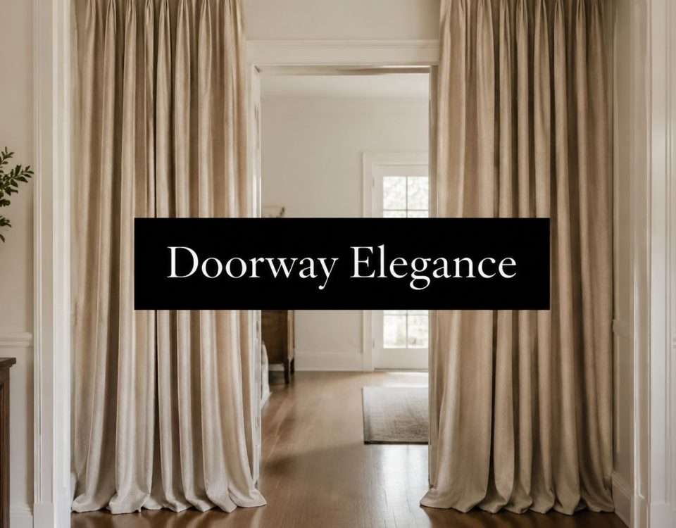 Cream curtains frame a doorway with a black banner reading 'Doorway Elegance' across the entrance.