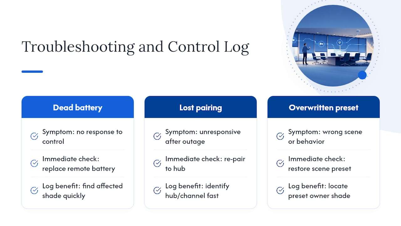 Motorized shade troubleshooting causes and control log