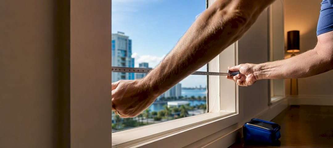 Professional measuring a bare window opening