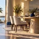 Luxury dining room framed by elegant drapery