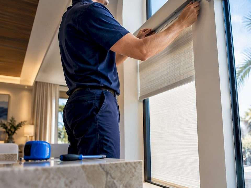 Installer securing a cordless window treatment