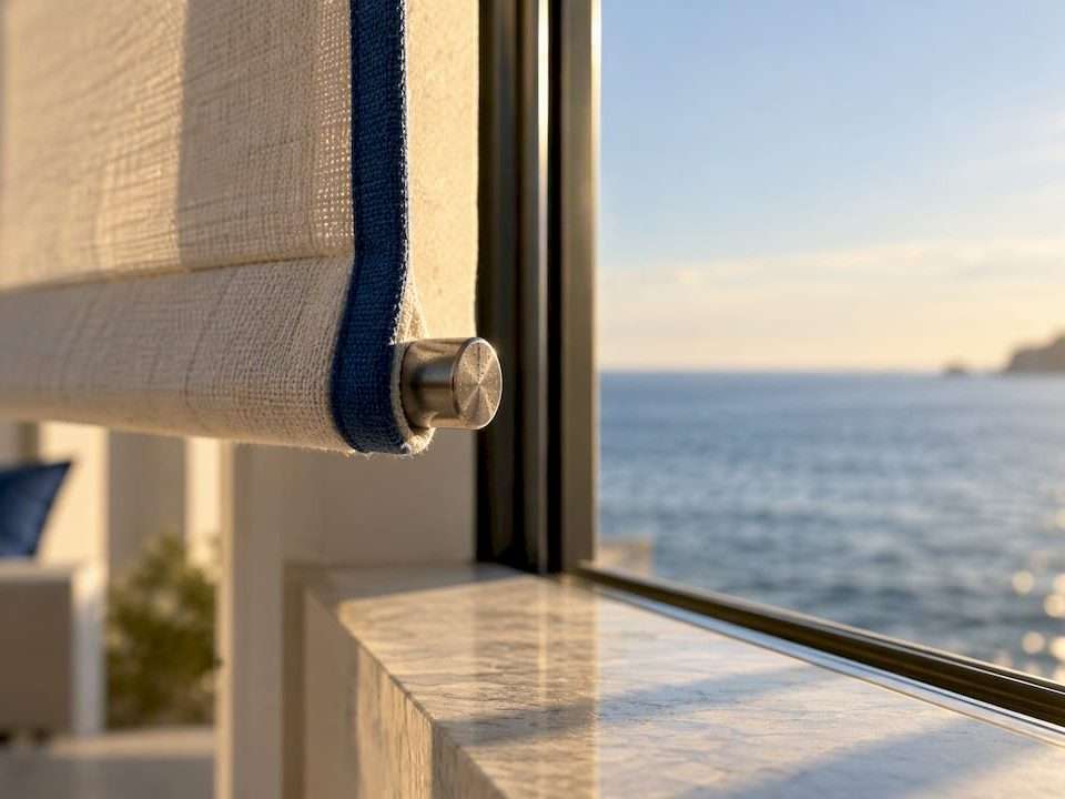 Coastal window treatment beside ocean view
