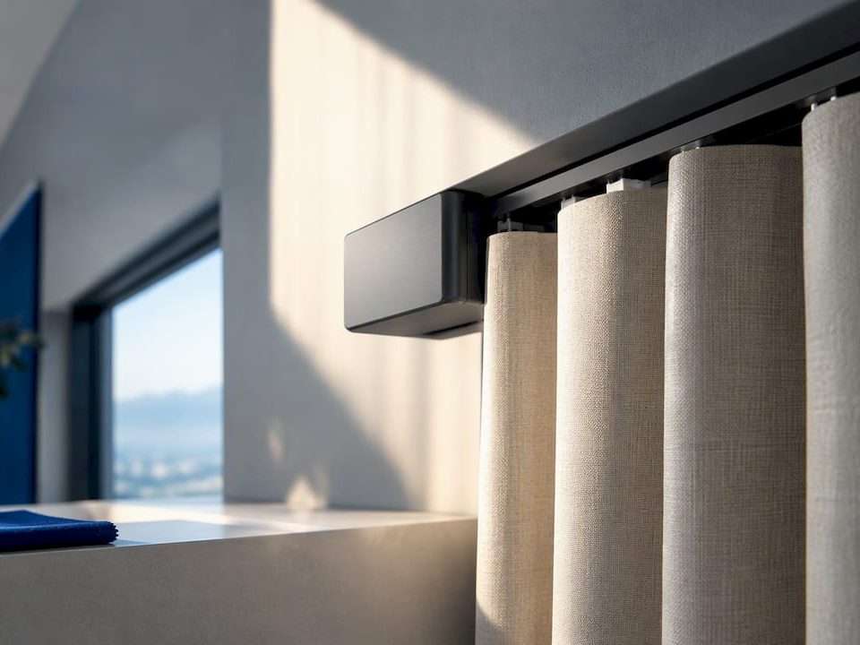 Close detail of motorized drapery hardware
