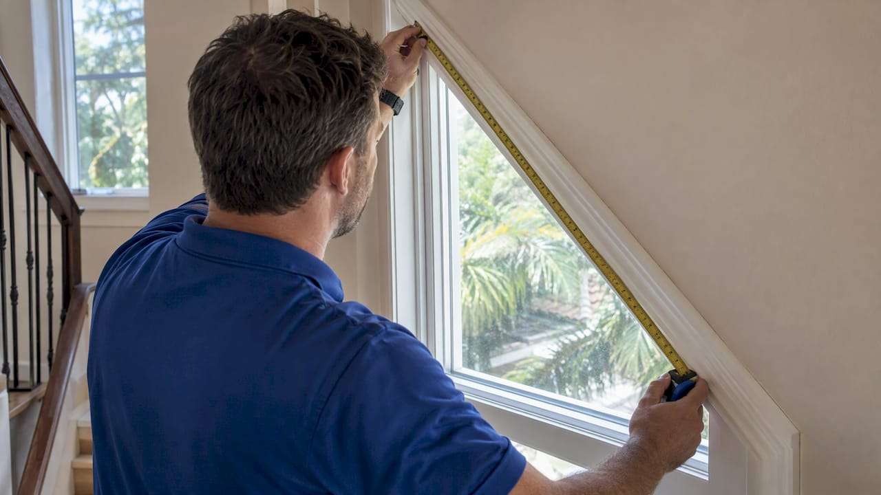 Installer measuring a sloped window frame