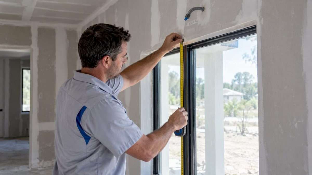 Installer measuring a pre-paint window with conduit