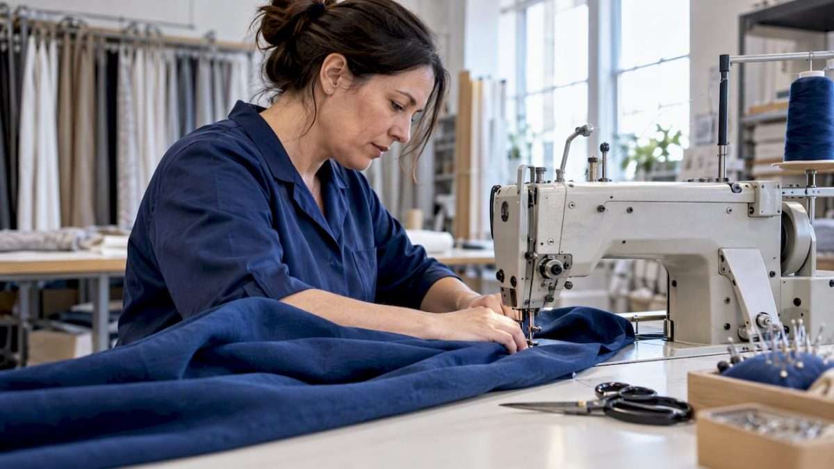 Fabricator sewing custom drapery in workroom