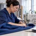 Fabricator sewing custom drapery in workroom