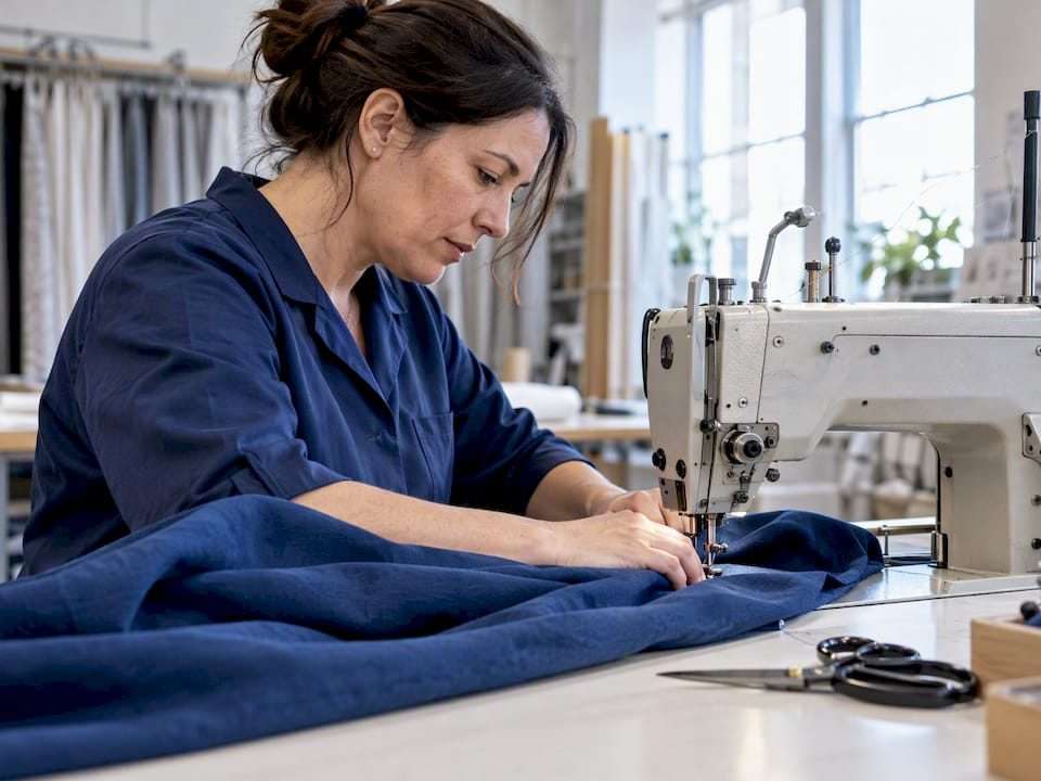 Fabricator sewing custom drapery in workroom
