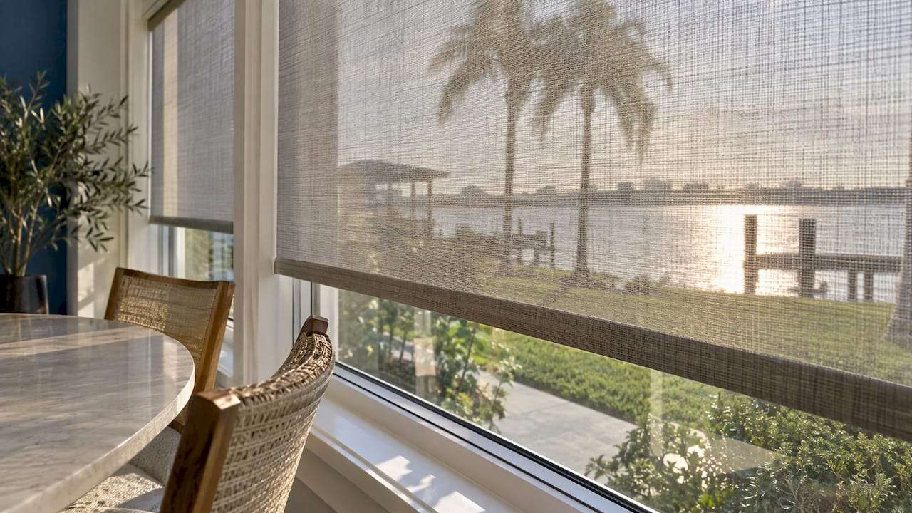 Open-weave solar shade softening the afternoon view