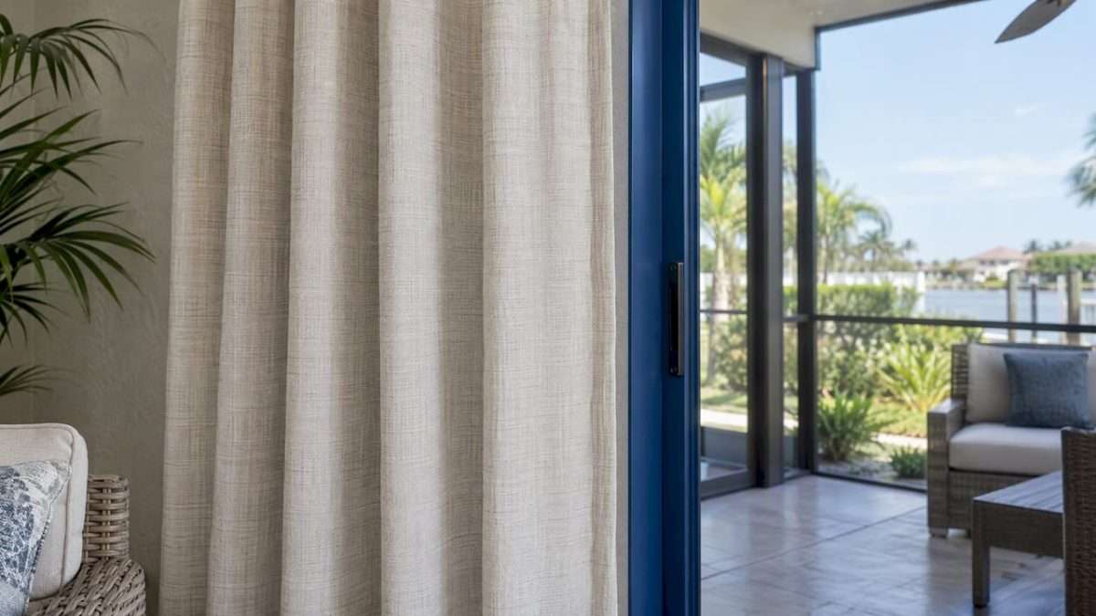 1792826100797_Linen-look-drapery-beside-a-screened-lanai-door | Drapery Company Linen-look drapery beside a screened lanai door