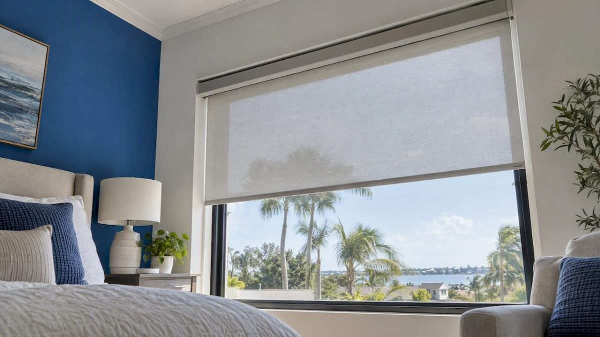 Motorized roller shade in Tampa bedroom