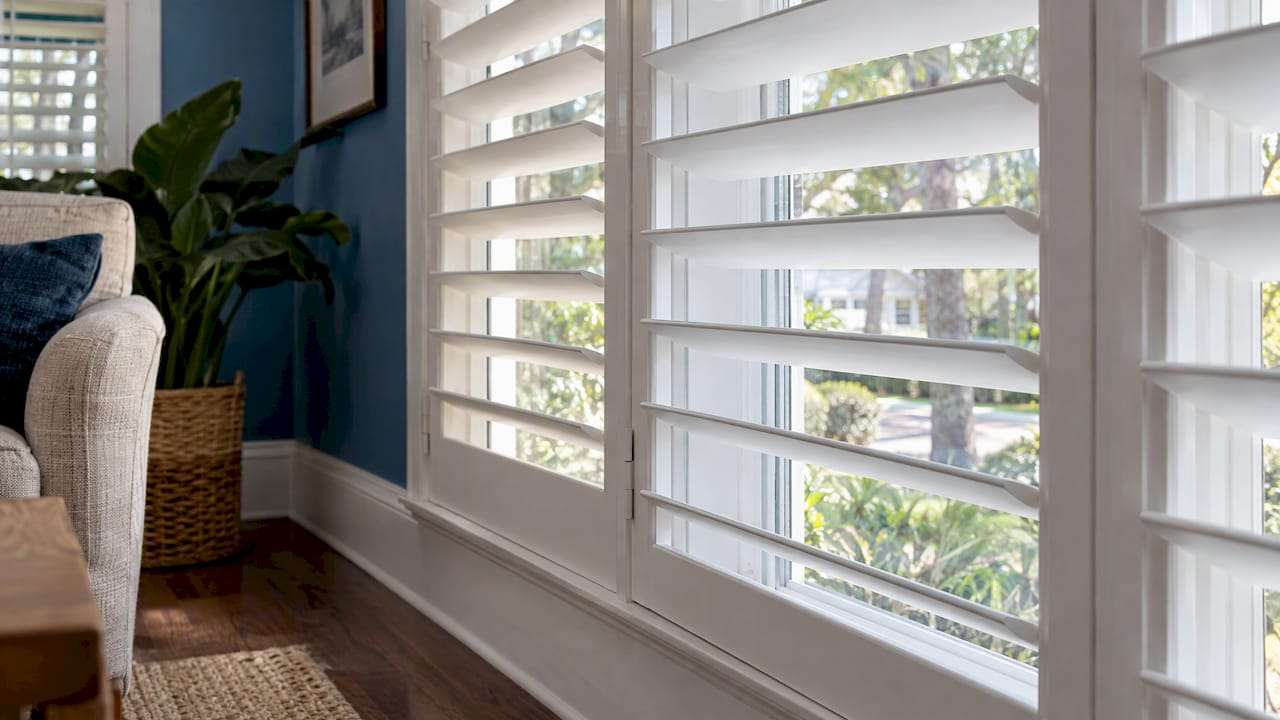 Angled plantation shutters frame an outdoor view