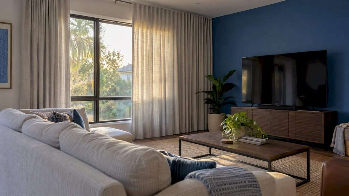 Drapery softens afternoon light near a television