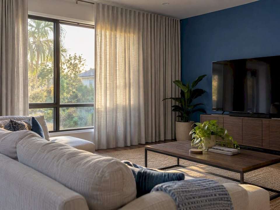 Drapery softens afternoon light near a television